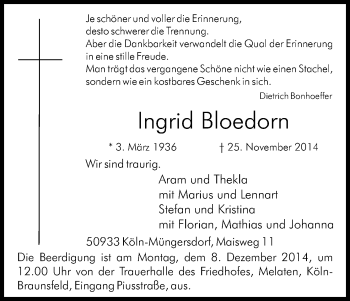 Anzeige von Ingrid Bloedorn von Kölner Stadt-Anzeiger / Kölnische Rundschau / Express