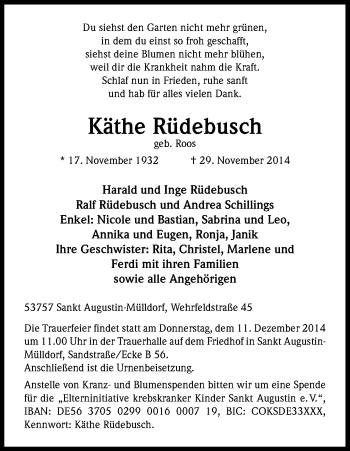Anzeige von Käthe Rüdebusch von Kölner Stadt-Anzeiger / Kölnische Rundschau / Express