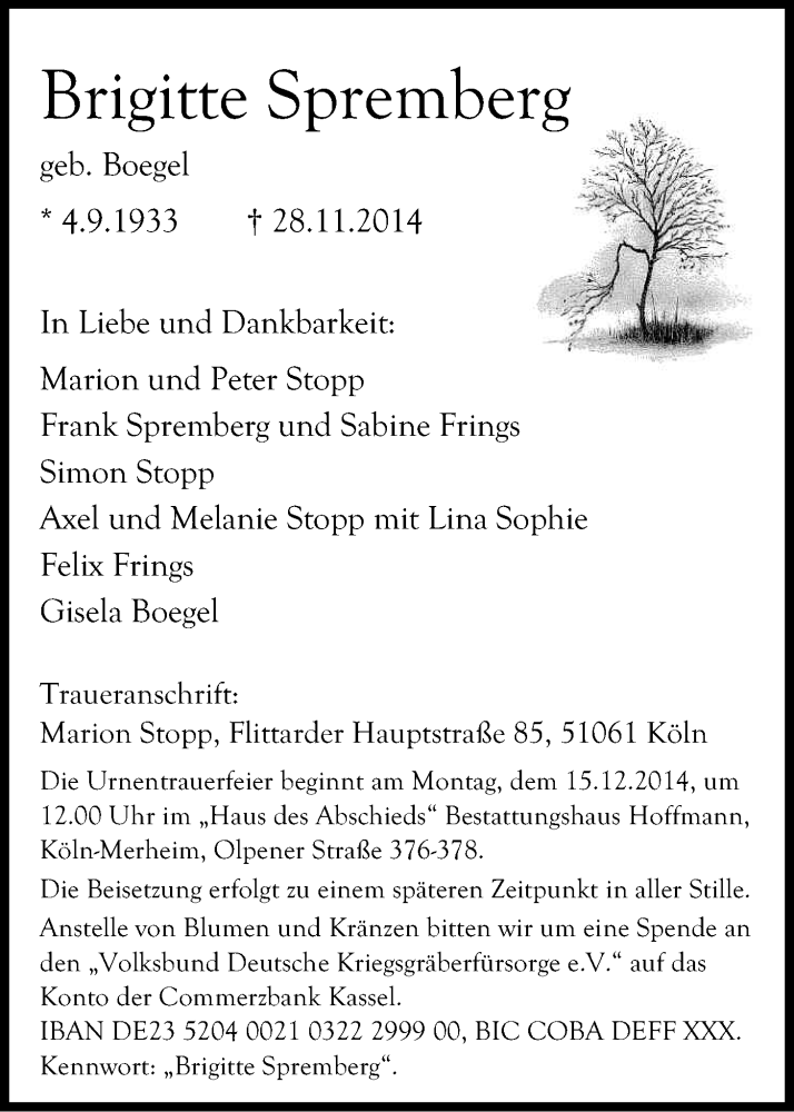  Traueranzeige für Brigitte Spremberg vom 06.12.2014 aus Kölner Stadt-Anzeiger / Kölnische Rundschau / Express