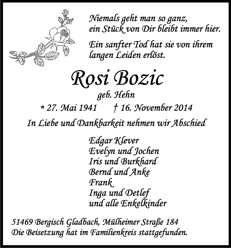  Traueranzeige für Rosi Bozic vom 06.12.2014 aus Kölner Stadt-Anzeiger / Kölnische Rundschau / Express