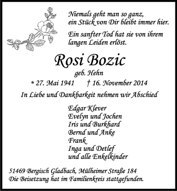 Anzeige von Rosi Bozic von Kölner Stadt-Anzeiger / Kölnische Rundschau / Express