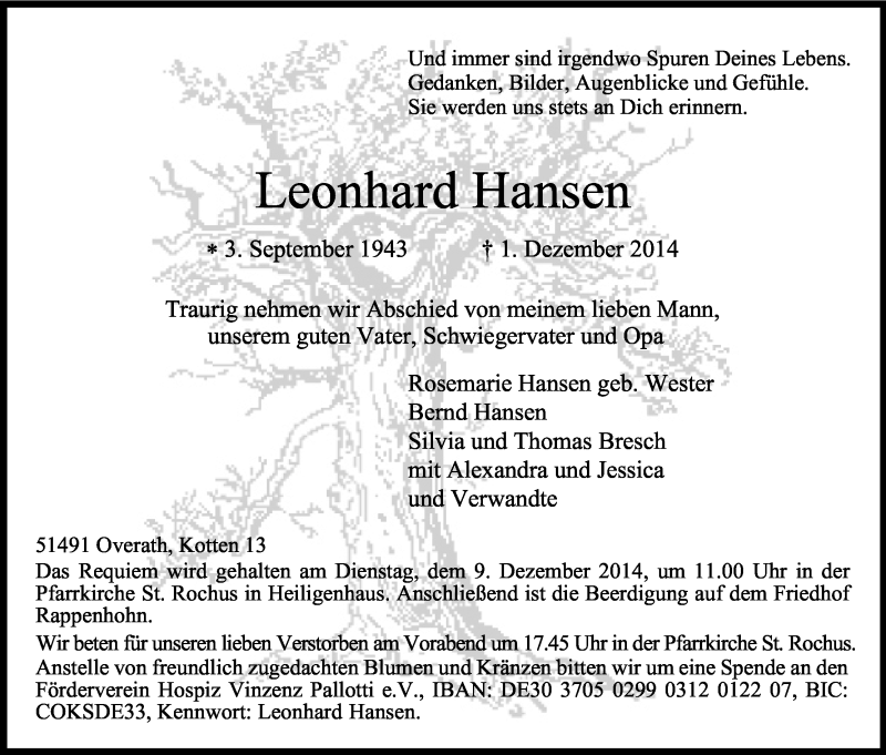  Traueranzeige für Leonhard Hansen vom 05.12.2014 aus Kölner Stadt-Anzeiger / Kölnische Rundschau / Express