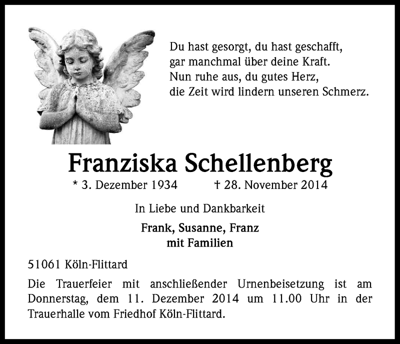  Traueranzeige für Franziska Schellenberg vom 06.12.2014 aus Kölner Stadt-Anzeiger / Kölnische Rundschau / Express