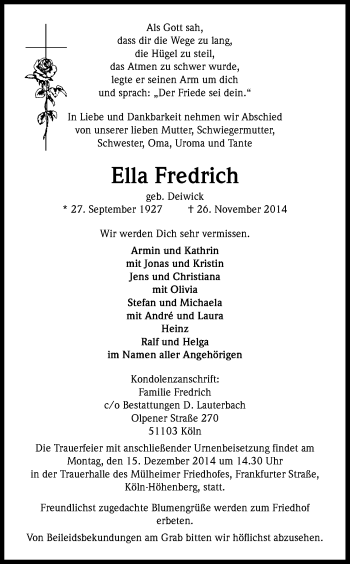 Anzeige von Ella Fredrich von Kölner Stadt-Anzeiger / Kölnische Rundschau / Express