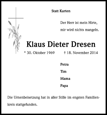 Anzeige von Klaus Dieter Dresen von Kölner Stadt-Anzeiger / Kölnische Rundschau / Express