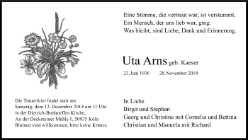 Anzeige von Uta Arns von Kölner Stadt-Anzeiger / Kölnische Rundschau / Express
