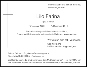 Anzeige von Lilo Farina von Kölner Stadt-Anzeiger / Kölnische Rundschau / Express