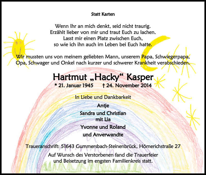  Traueranzeige für Hartmut Kasper vom 06.12.2014 aus Kölner Stadt-Anzeiger / Kölnische Rundschau / Express