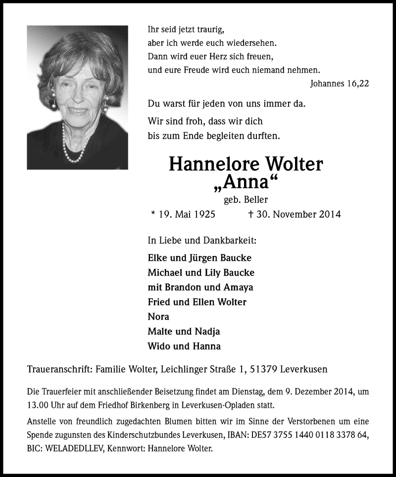  Traueranzeige für Hannelore Wolter vom 06.12.2014 aus Kölner Stadt-Anzeiger / Kölnische Rundschau / Express