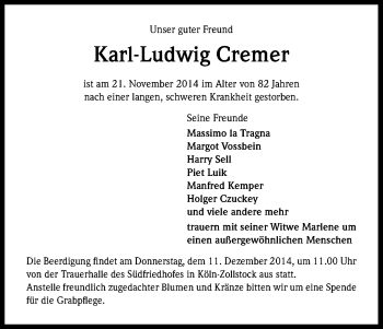 Anzeige von Karl-Ludwig Cremer von Kölner Stadt-Anzeiger / Kölnische Rundschau / Express