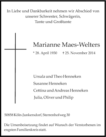 Anzeige von Marianne Maes Welters von Kölner Stadt-Anzeiger / Kölnische Rundschau / Express