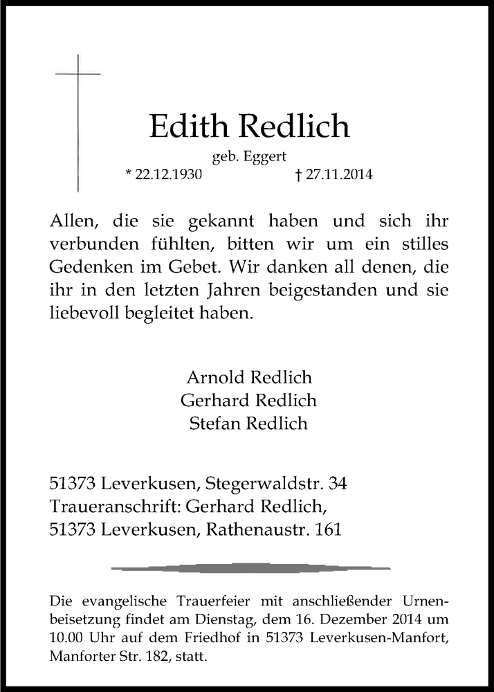  Traueranzeige für Edith Redlich vom 10.12.2014 aus Kölner Stadt-Anzeiger / Kölnische Rundschau / Express