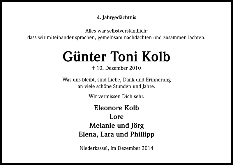  Traueranzeige für Günter Toni Kolb vom 10.12.2014 aus Kölner Stadt-Anzeiger / Kölnische Rundschau / Express