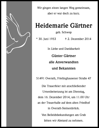 Anzeige von Heidemarie Gärtner von Kölner Stadt-Anzeiger / Kölnische Rundschau / Express