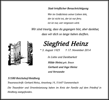 Anzeige von Siegfried Heinz von Kölner Stadt-Anzeiger / Kölnische Rundschau / Express