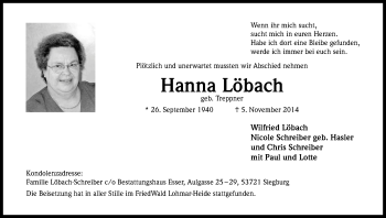 Anzeige von Hanna Löbach von Kölner Stadt-Anzeiger / Kölnische Rundschau / Express
