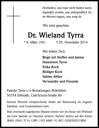 Anzeige von Wieland Tyrra von Kölner Stadt-Anzeiger / Kölnische Rundschau / Express