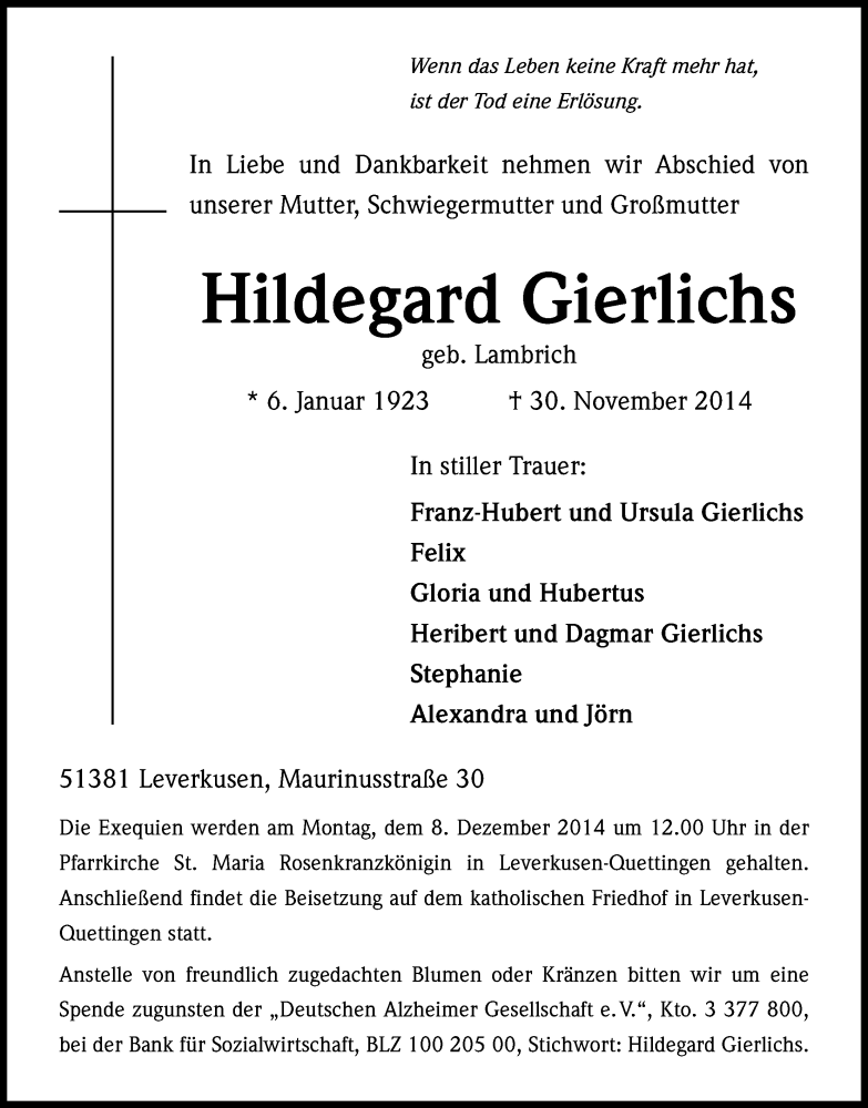  Traueranzeige für Hildegard Gierlichs vom 05.12.2014 aus Kölner Stadt-Anzeiger / Kölnische Rundschau / Express