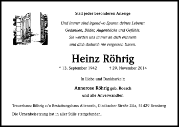 Anzeige von Heinz Röhrig von Kölner Stadt-Anzeiger / Kölnische Rundschau / Express