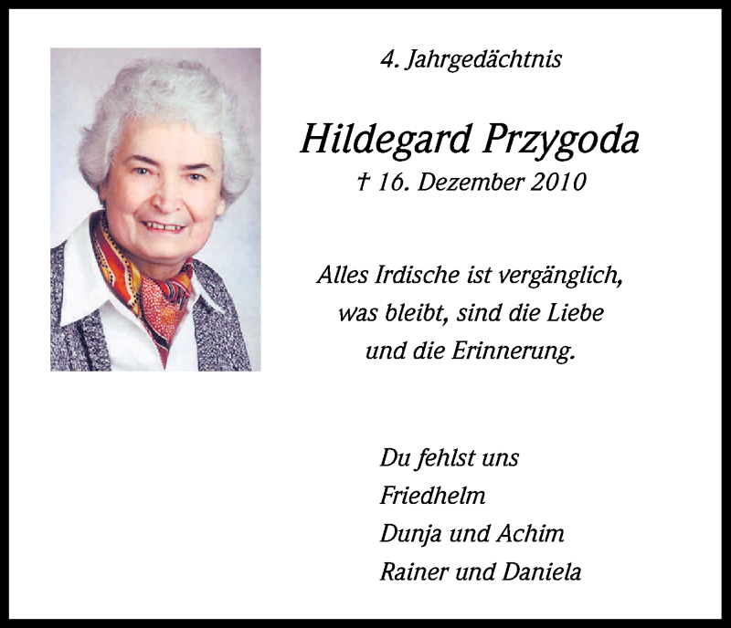  Traueranzeige für Hildegard Przygoda vom 16.12.2014 aus Kölner Stadt-Anzeiger / Kölnische Rundschau / Express