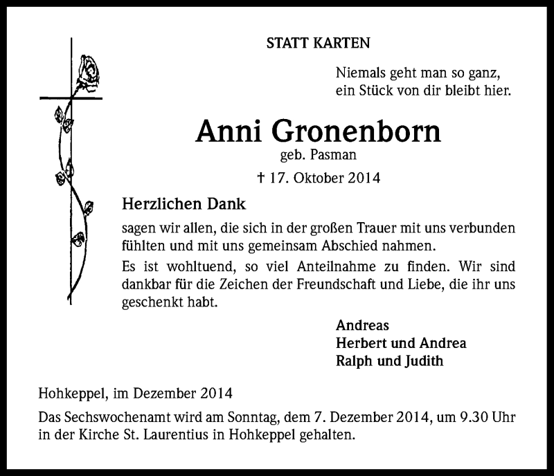  Traueranzeige für Anni Gronenborn vom 06.12.2014 aus Kölner Stadt-Anzeiger / Kölnische Rundschau / Express