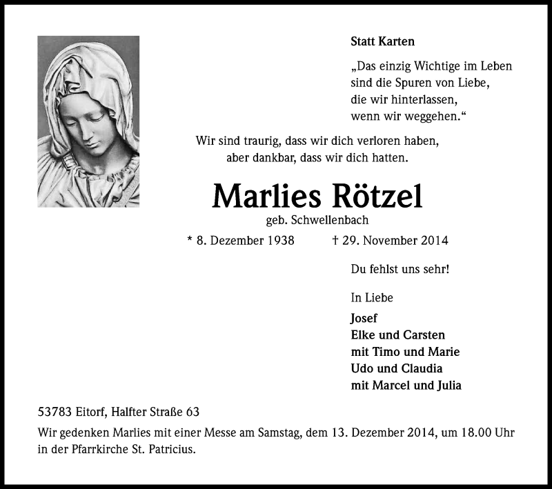  Traueranzeige für Marlies Rötzel vom 06.12.2014 aus Kölner Stadt-Anzeiger / Kölnische Rundschau / Express