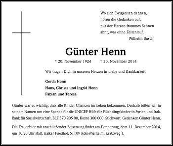 Anzeige von Günter Henn von Kölner Stadt-Anzeiger / Kölnische Rundschau / Express