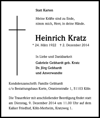 Anzeige von Heinrich Kratz von Kölner Stadt-Anzeiger / Kölnische Rundschau / Express