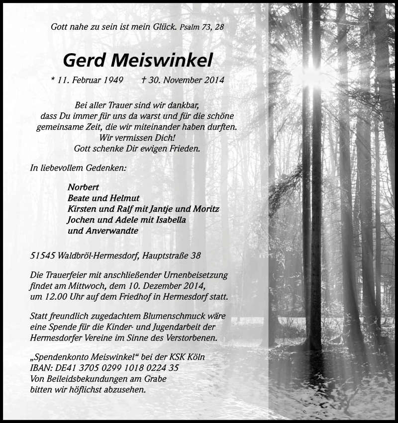  Traueranzeige für Gerd Meiswinkel vom 06.12.2014 aus Kölner Stadt-Anzeiger / Kölnische Rundschau / Express