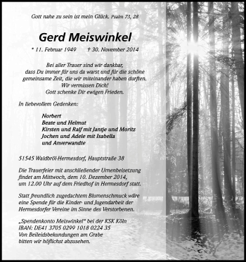 Anzeige von Gerd Meiswinkel von Kölner Stadt-Anzeiger / Kölnische Rundschau / Express