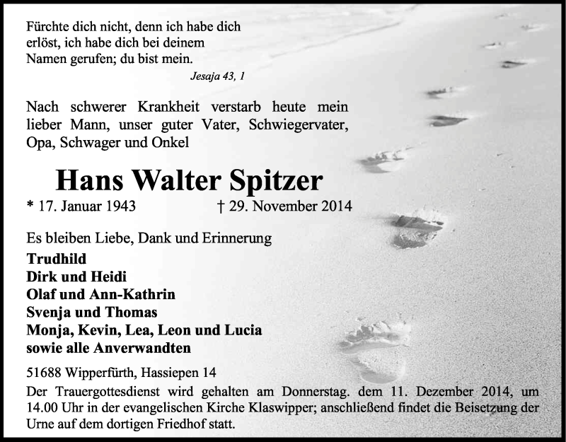  Traueranzeige für Walter Spitzer vom 06.12.2014 aus Kölner Stadt-Anzeiger / Kölnische Rundschau / Express