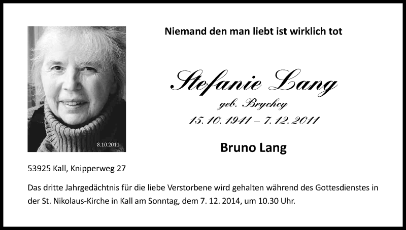  Traueranzeige für Stefanie Lang vom 06.12.2014 aus Kölner Stadt-Anzeiger / Kölnische Rundschau / Express