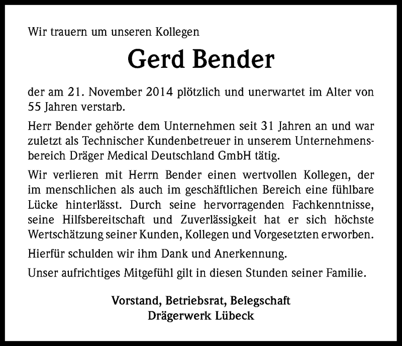  Traueranzeige für Gerd Bender vom 06.12.2014 aus Kölner Stadt-Anzeiger / Kölnische Rundschau / Express