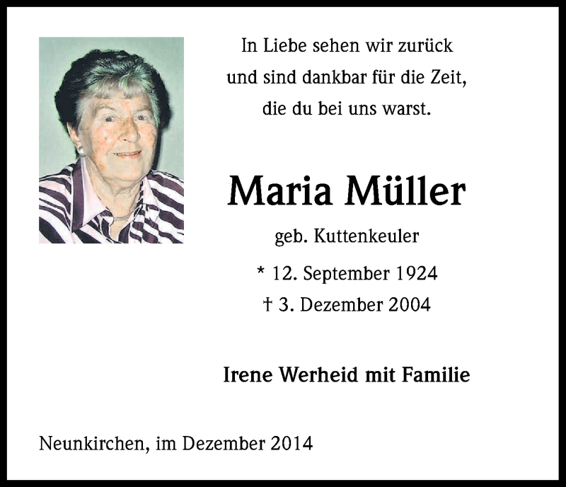  Traueranzeige für Maria Müller vom 06.12.2014 aus Kölner Stadt-Anzeiger / Kölnische Rundschau / Express