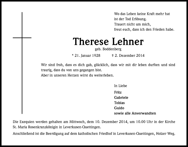  Traueranzeige für Therese Lehner vom 06.12.2014 aus Kölner Stadt-Anzeiger / Kölnische Rundschau / Express