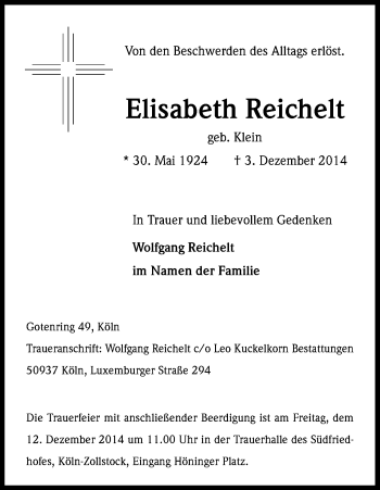 Anzeige von Elisabeth Reichelt von Kölner Stadt-Anzeiger / Kölnische Rundschau / Express
