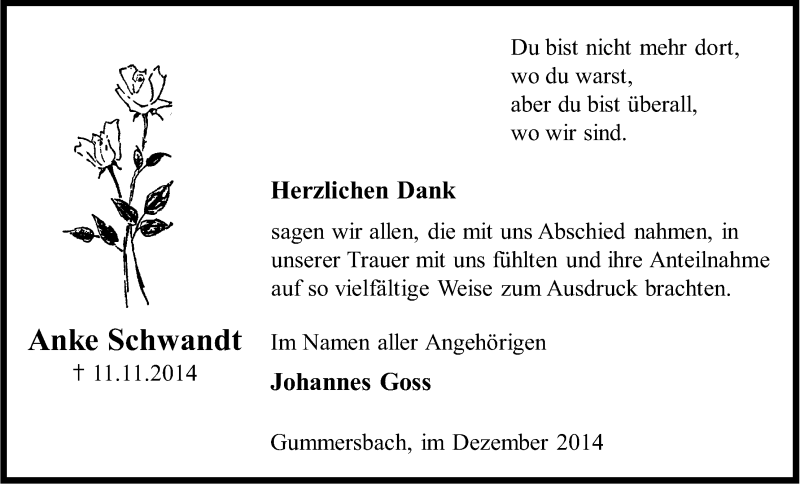  Traueranzeige für Anke Schwandt vom 06.12.2014 aus Kölner Stadt-Anzeiger / Kölnische Rundschau / Express