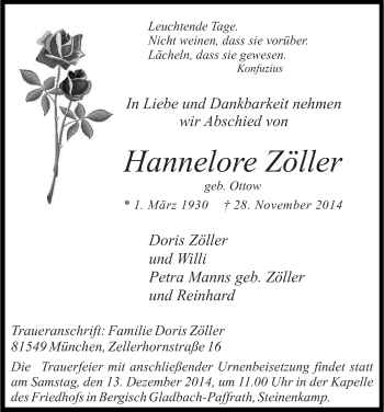 Anzeige von Hannelore Zöller von Kölner Stadt-Anzeiger / Kölnische Rundschau / Express