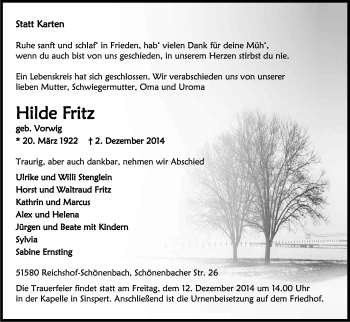 Anzeige von Hilde Fritz von Kölner Stadt-Anzeiger / Kölnische Rundschau / Express
