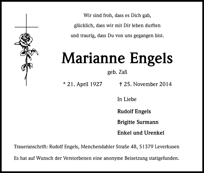  Traueranzeige für Marianne Engels vom 06.12.2014 aus Kölner Stadt-Anzeiger / Kölnische Rundschau / Express