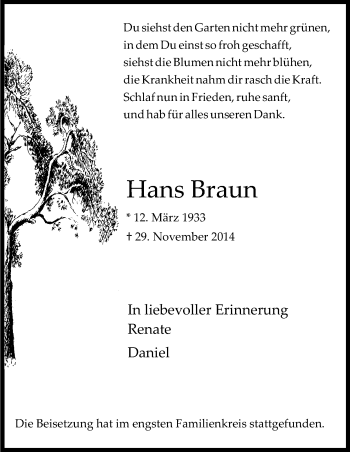 Anzeige von Hans Braun von Kölner Stadt-Anzeiger / Kölnische Rundschau / Express