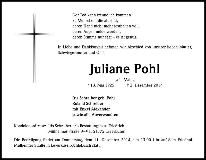  Traueranzeige für Juliane Pohl vom 06.12.2014 aus Kölner Stadt-Anzeiger / Kölnische Rundschau / Express