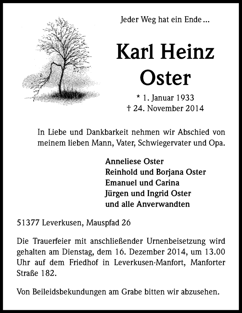  Traueranzeige für Karl Heinz Oster vom 06.12.2014 aus Kölner Stadt-Anzeiger / Kölnische Rundschau / Express