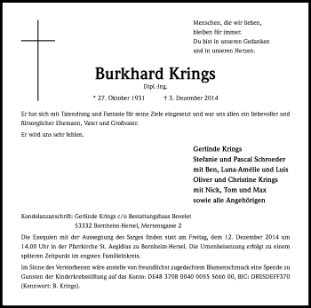 Anzeige von Burkhard Krings von Kölner Stadt-Anzeiger / Kölnische Rundschau / Express