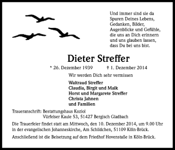 Anzeige von Dieter Streffer von Kölner Stadt-Anzeiger / Kölnische Rundschau / Express