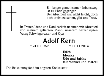 Anzeige von Adolf Kern von Kölner Stadt-Anzeiger / Kölnische Rundschau / Express