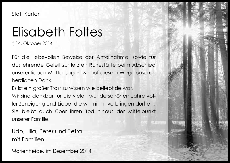  Traueranzeige für Elisabeth Foltes vom 06.12.2014 aus Kölner Stadt-Anzeiger / Kölnische Rundschau / Express