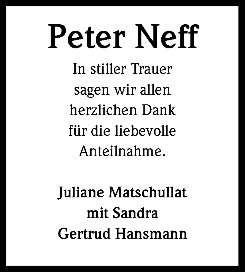  Traueranzeige für Peter Neff vom 06.12.2014 aus Kölner Stadt-Anzeiger / Kölnische Rundschau / Express
