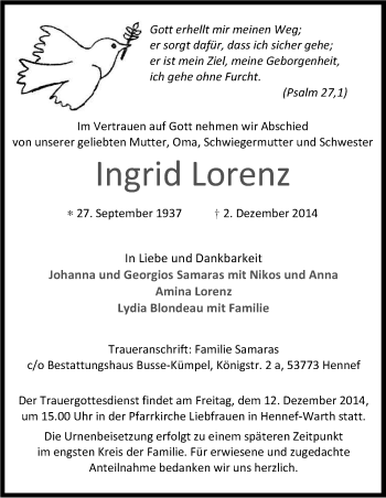 Anzeige von Ingrid Lorenz von Kölner Stadt-Anzeiger / Kölnische Rundschau / Express