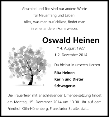 Anzeige von Oswald Heinen von Kölner Stadt-Anzeiger / Kölnische Rundschau / Express